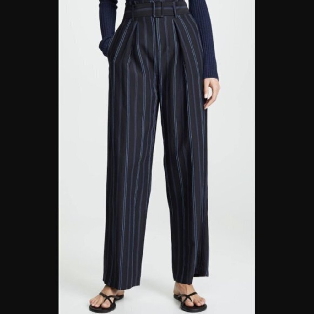 Vince NWT Women’s Dobby Stripe Belted Pant, Indigo Black Minimalist Wide- Size 8
